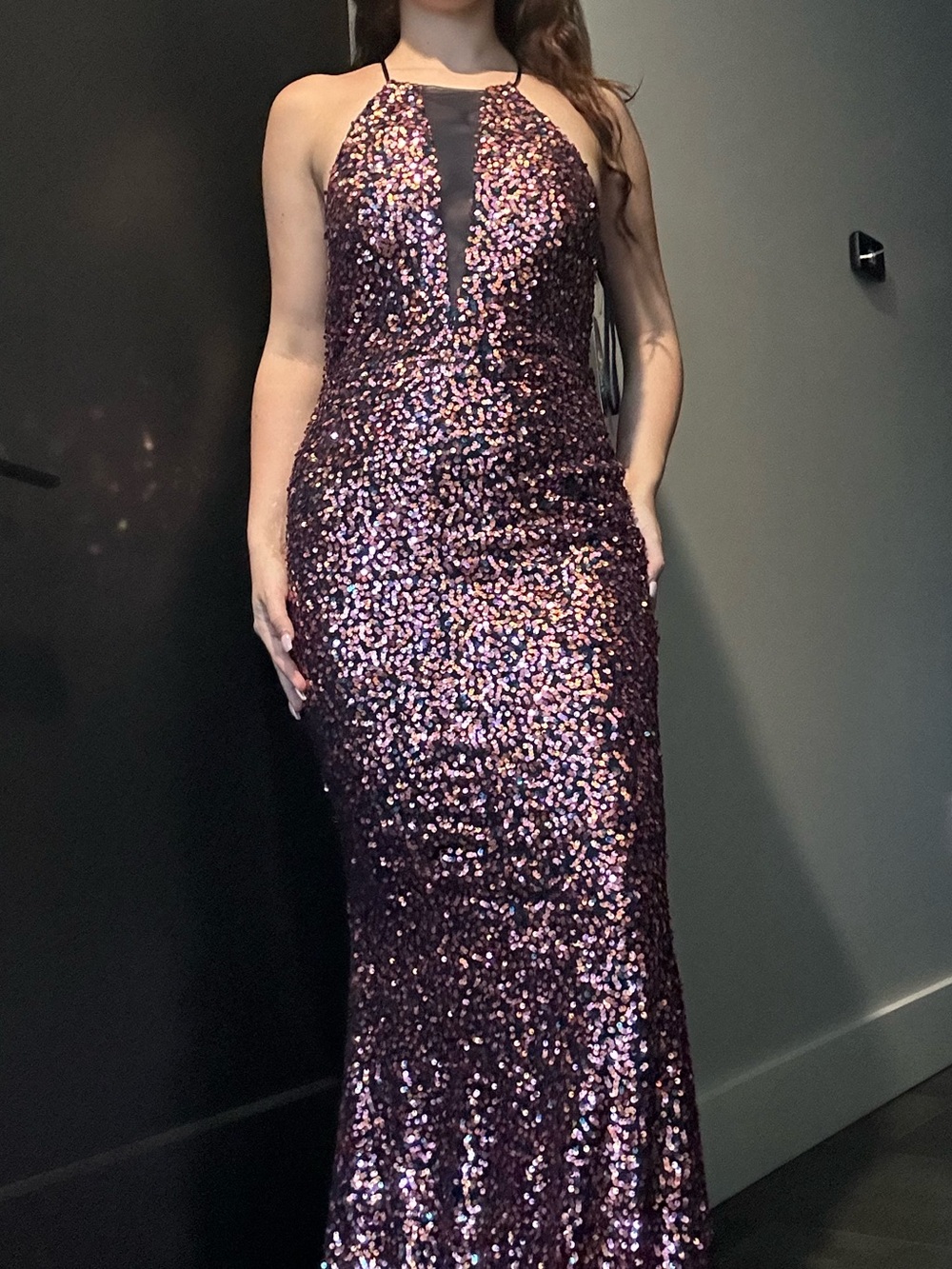 Sleeveless Purple Sequin Halter Evening Gown